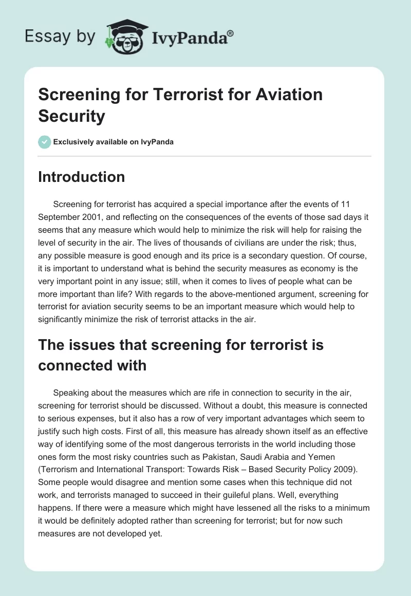 Screening for Terrorist for Aviation Security. Page 1
