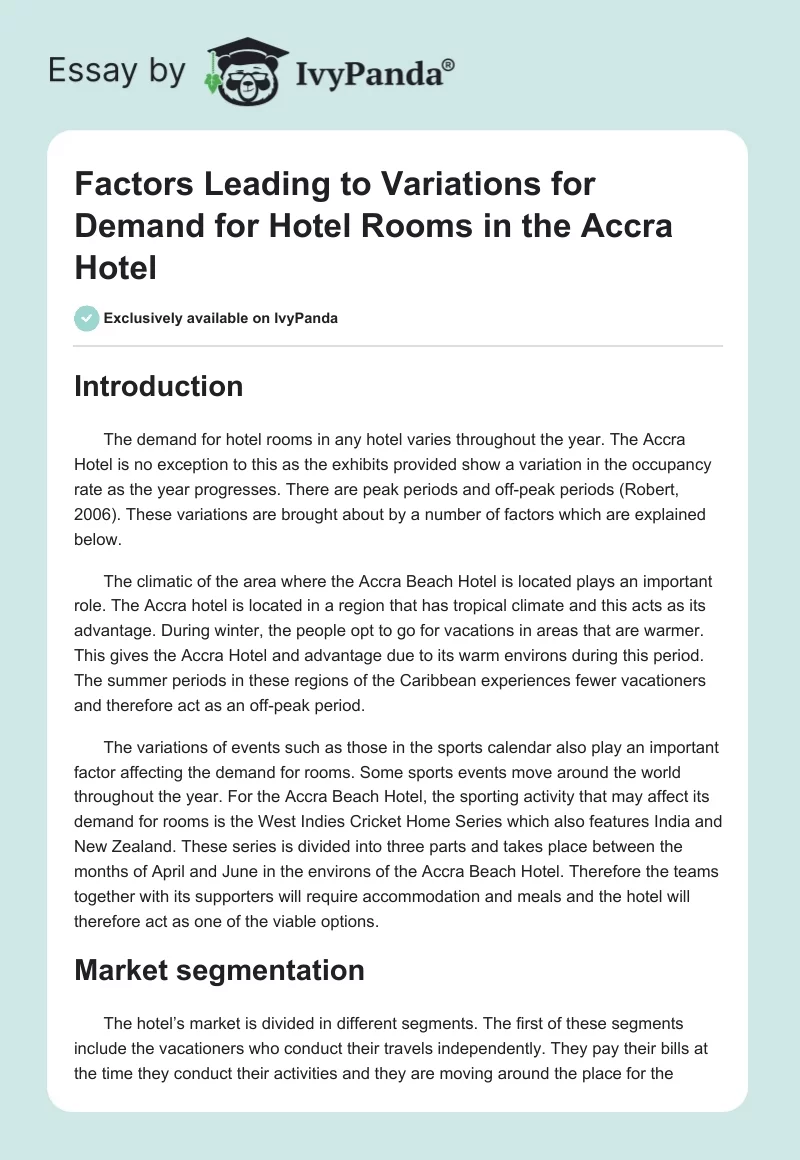 Factors Leading to Variations for Demand for Hotel Rooms in the Accra Hotel. Page 1