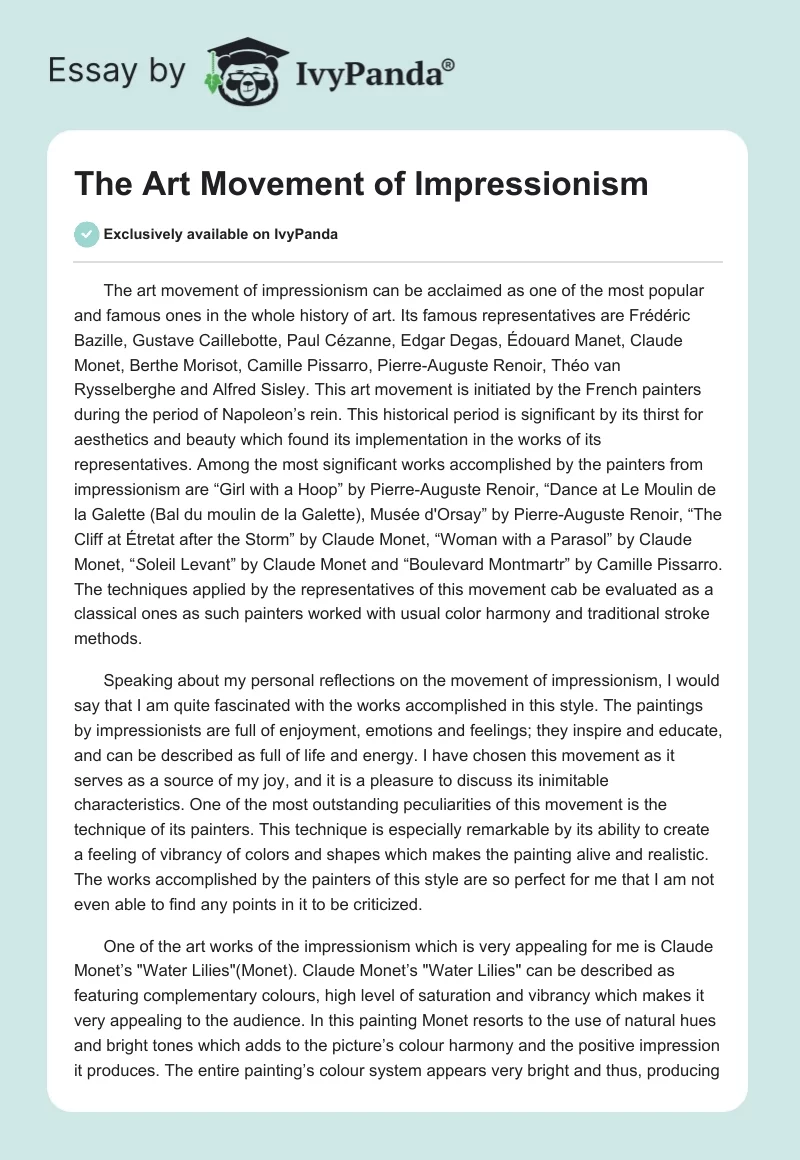 The Art Movement of Impressionism. Page 1
