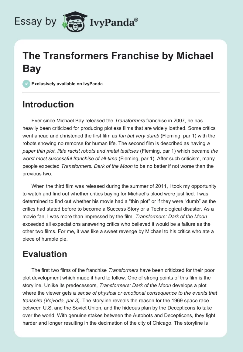 The Transformers Franchise by Michael Bay. Page 1