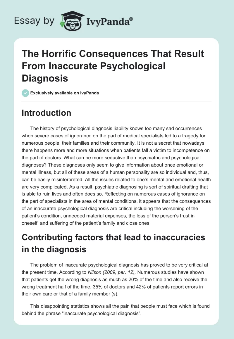 The Horrific Consequences That Result From Inaccurate Psychological Diagnosis. Page 1