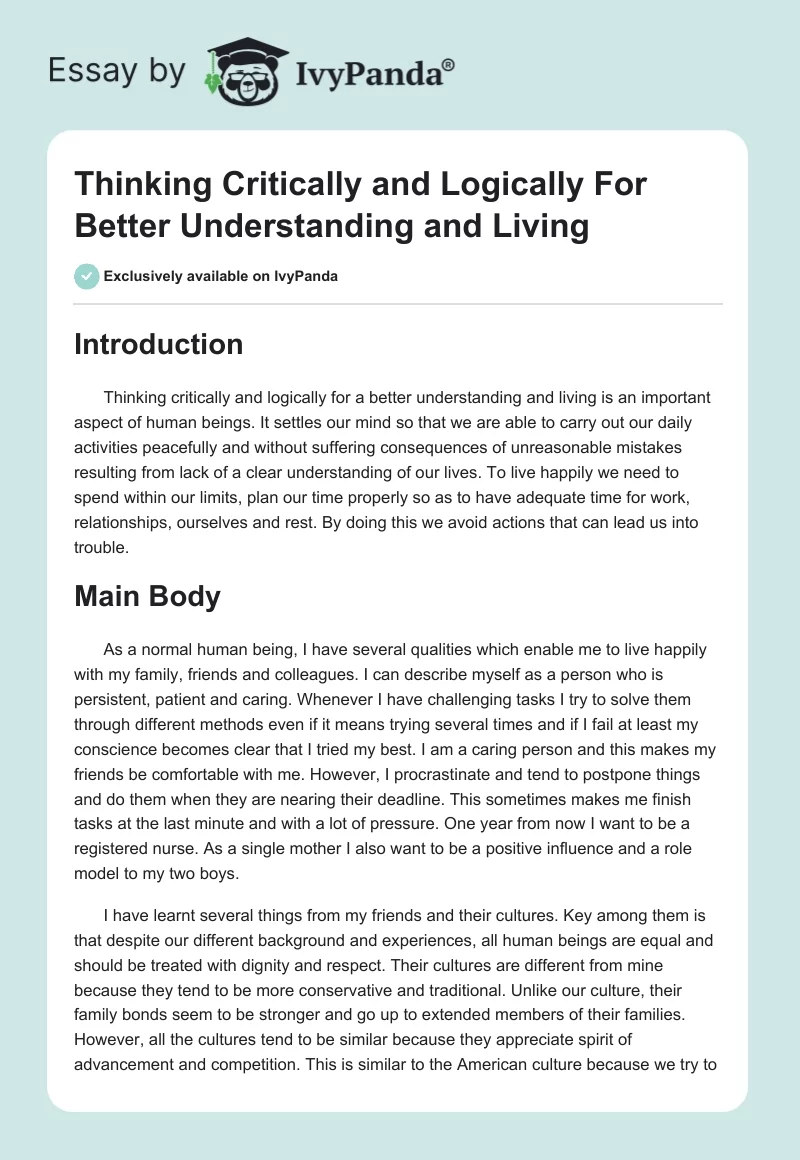 Thinking Critically and Logically For Better Understanding and Living. Page 1