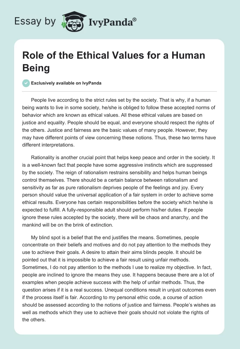 Role of the Ethical Values for a Human Being. Page 1