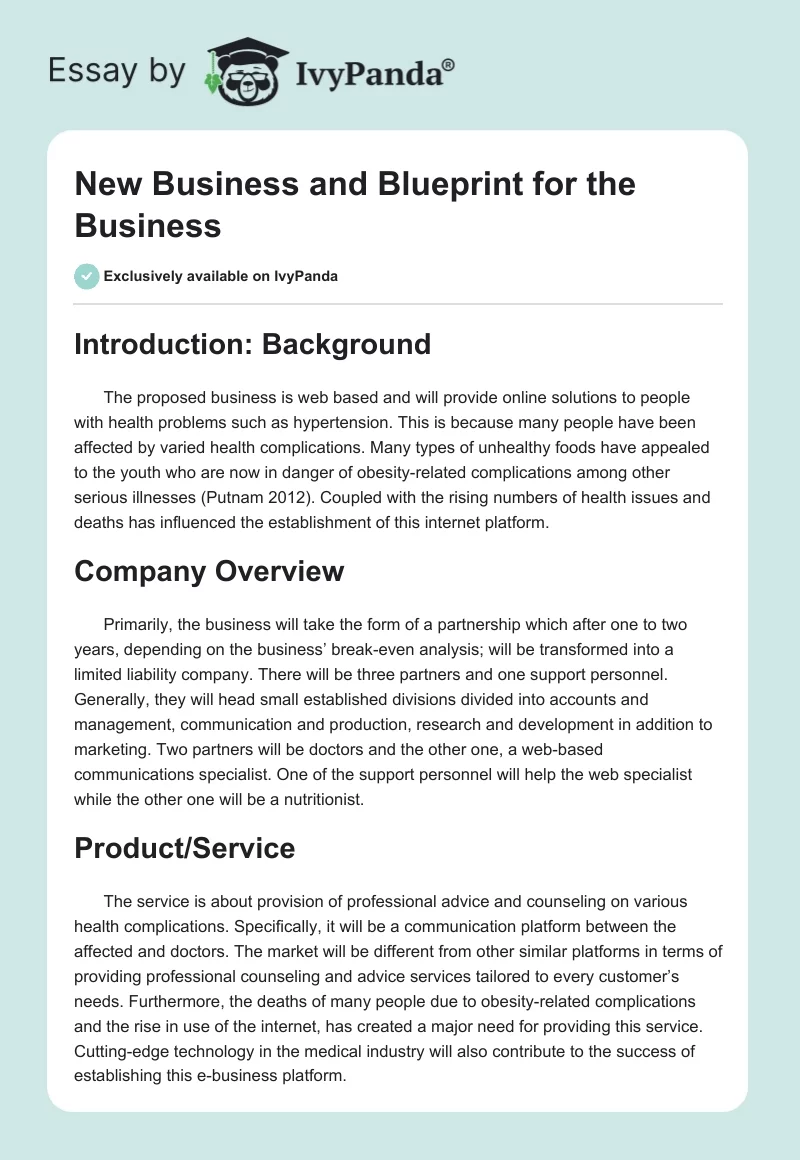 New Business and Blueprint for the Business. Page 1