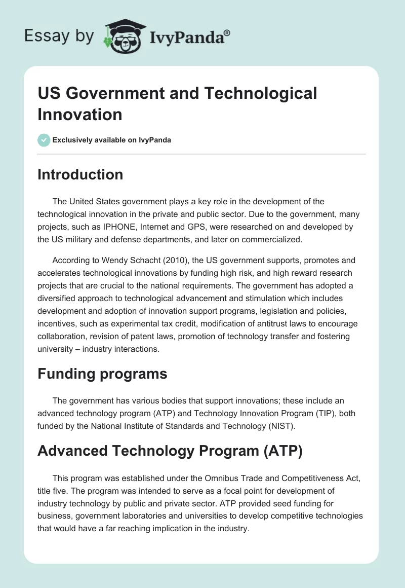US Government and Technological Innovation. Page 1