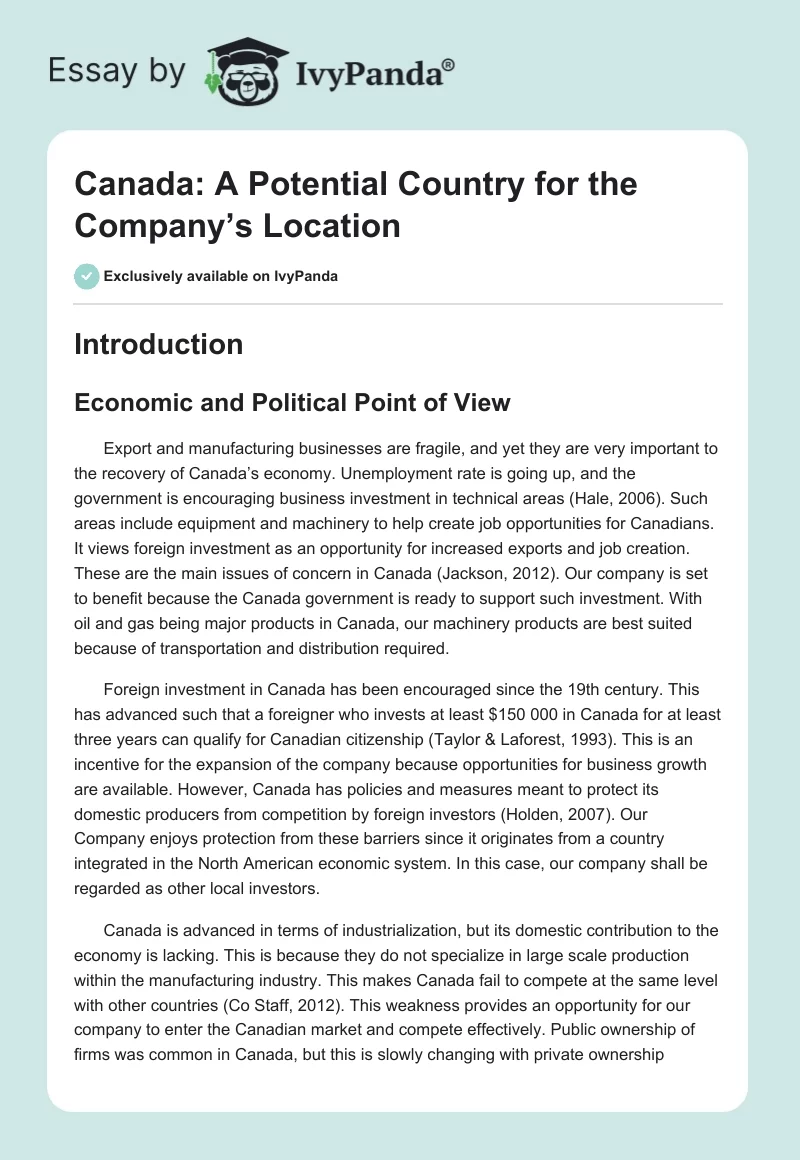 Canada: A Potential Country for the Company’s Location. Page 1