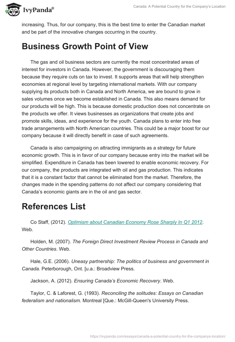 Canada: A Potential Country for the Company’s Location. Page 2