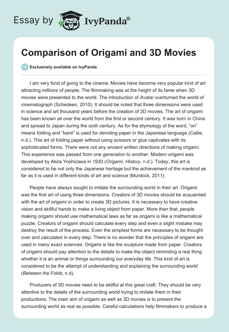 Comparison of Origami and 3D Movies. Page 1