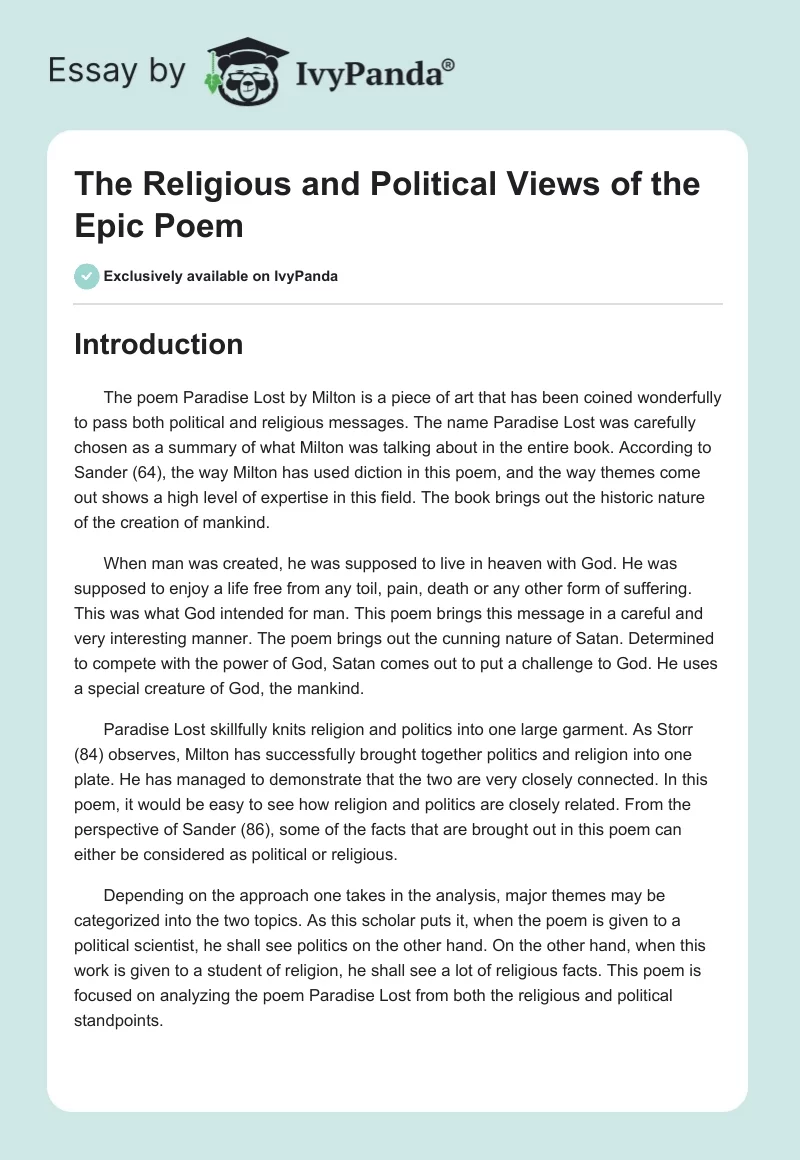 The Religious and Political Views of the Epic Poem. Page 1
