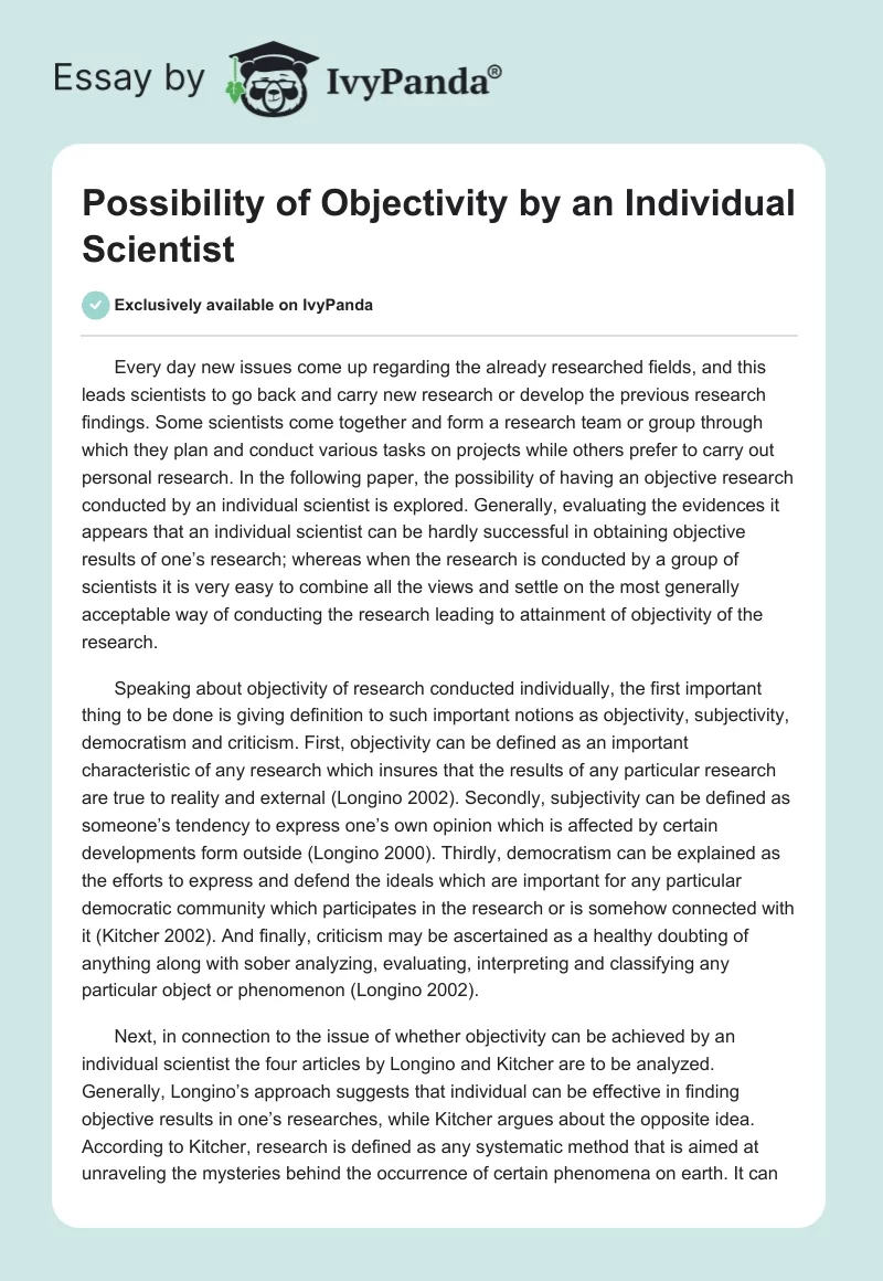 Possibility of Objectivity by an Individual Scientist. Page 1