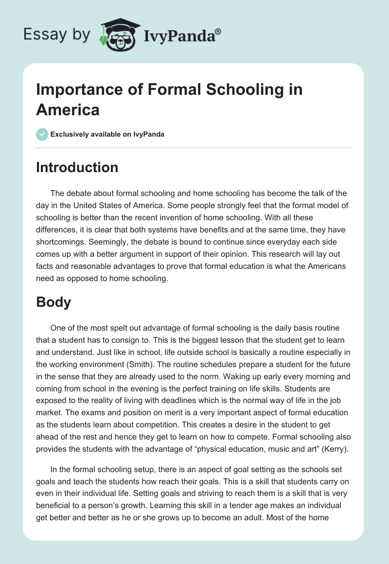 Importance of Formal Schooling in America. Page 1