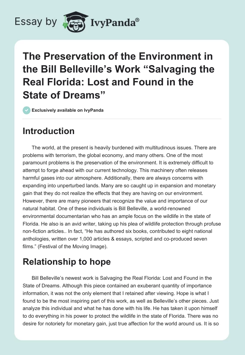 The Preservation of the Environment in the Bill Belleville’s Work “Salvaging the Real Florida: Lost and Found in the State of Dreams”. Page 1