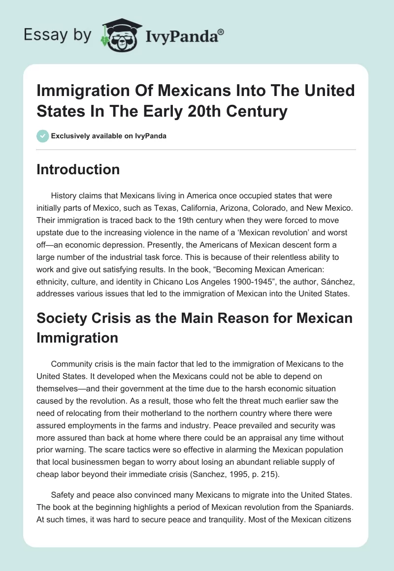 Immigration Of Mexicans Into The United States In The Early 20th Century. Page 1
