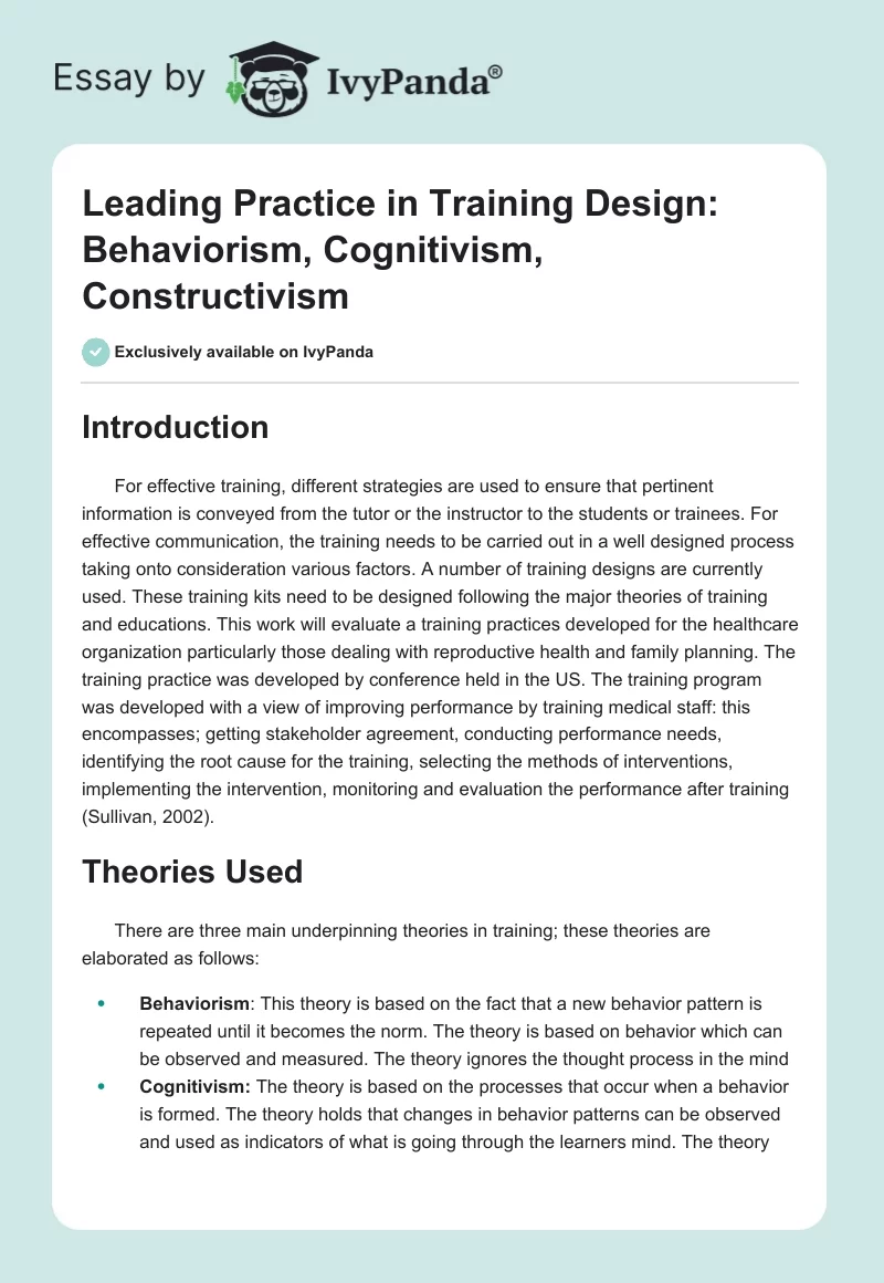 Leading Practice in Training Design: Behaviorism, Cognitivism, Constructivism. Page 1