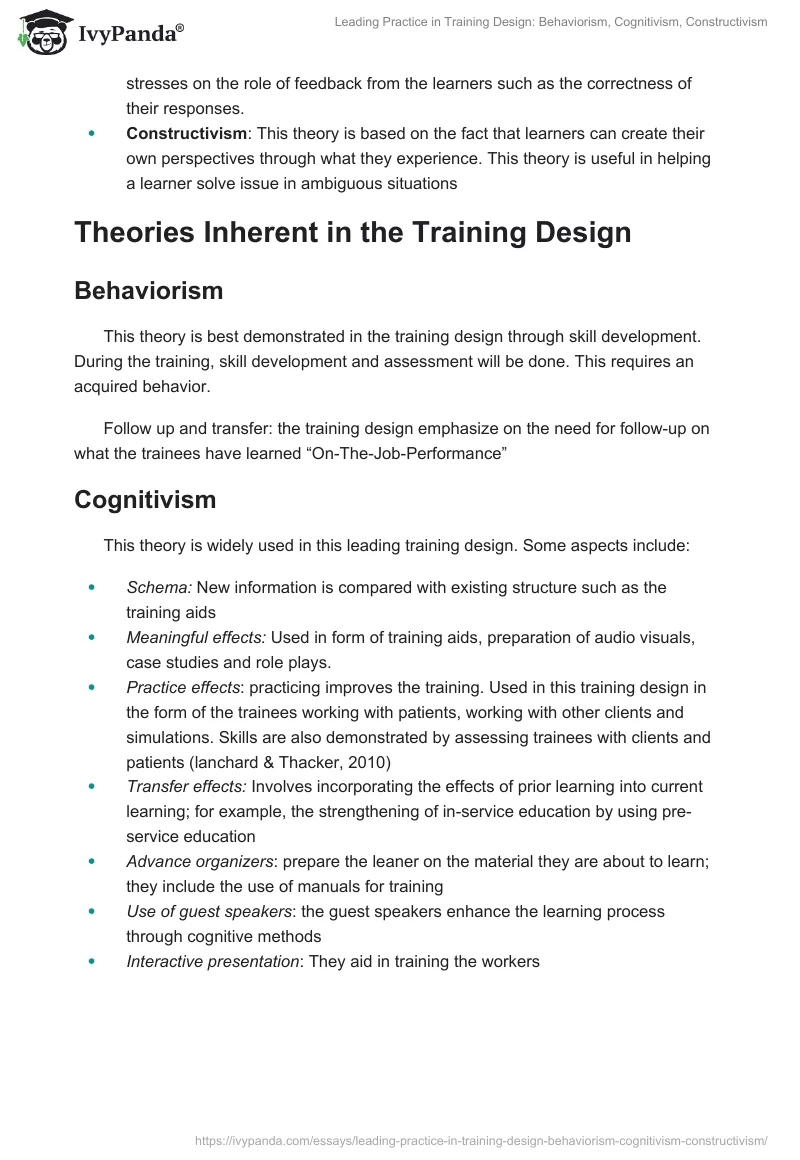 Leading Practice in Training Design: Behaviorism, Cognitivism, Constructivism. Page 2