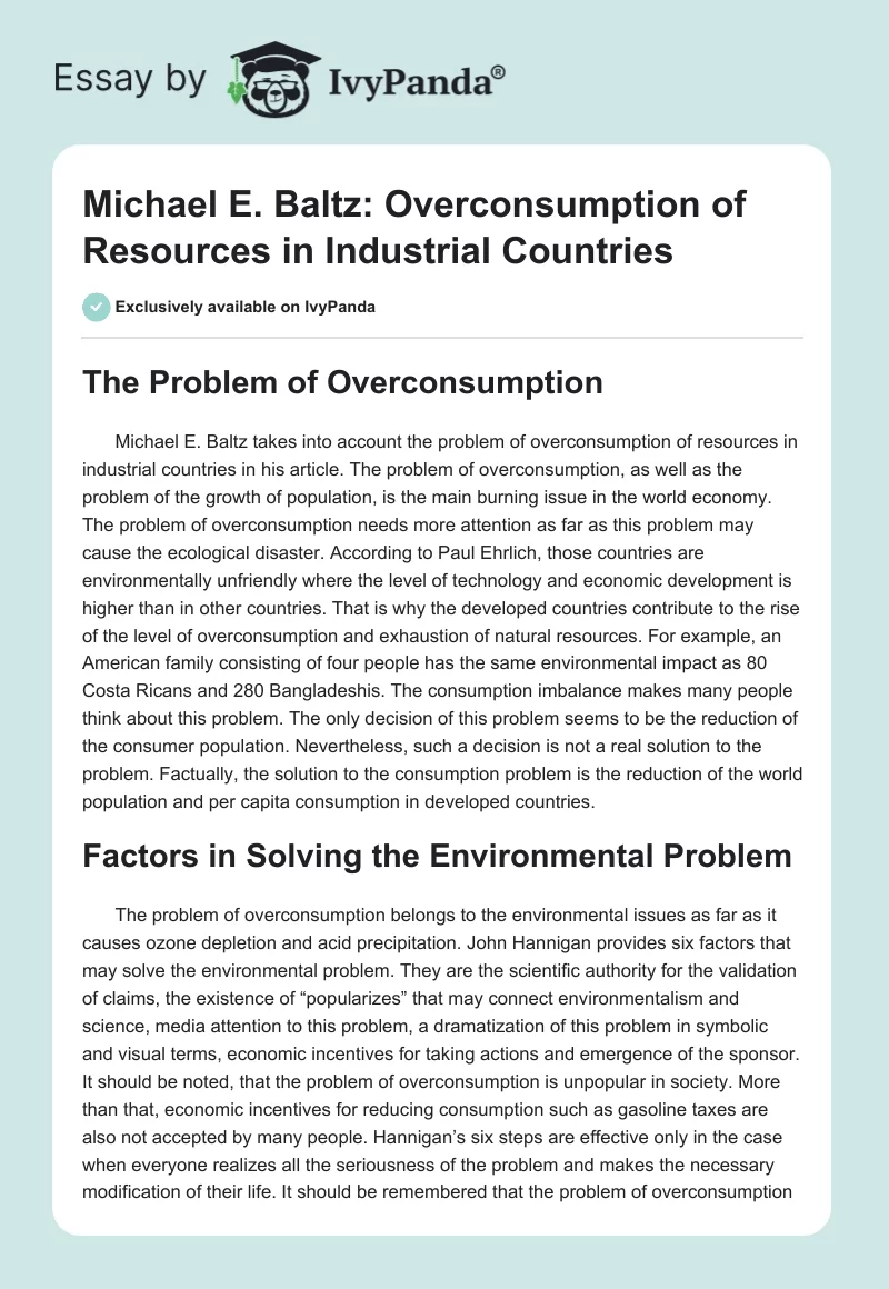 Michael E. Baltz: Overconsumption of Resources in Industrial Countries. Page 1