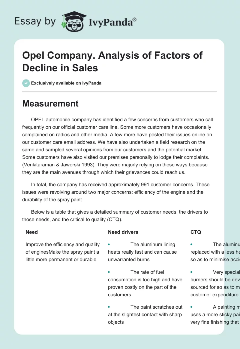 Opel Company. Analysis of Factors of Decline in Sales. Page 1