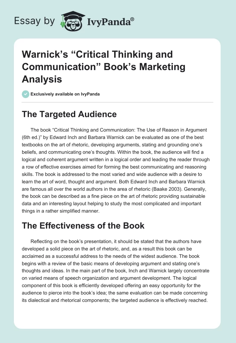 Warnick’s “Critical Thinking and Communication” Book’s Marketing Analysis. Page 1