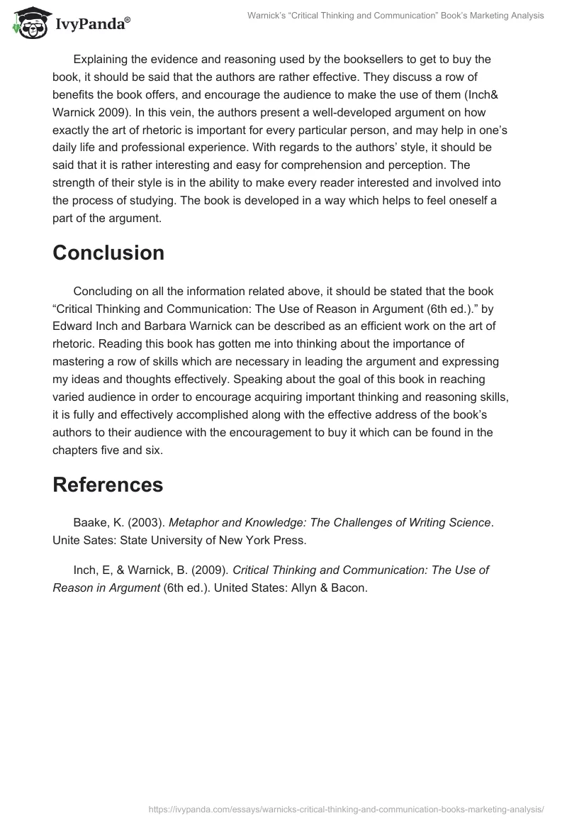 Warnick’s “Critical Thinking and Communication” Book’s Marketing Analysis. Page 2