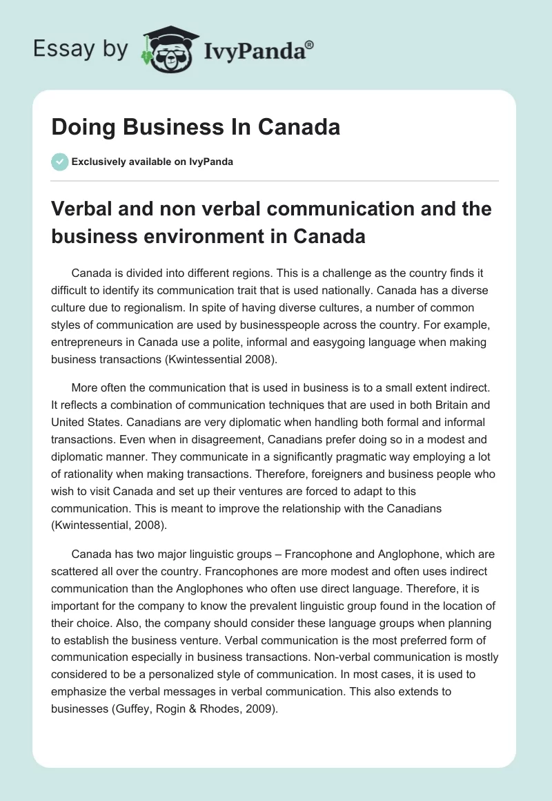 Doing Business In Canada. Page 1