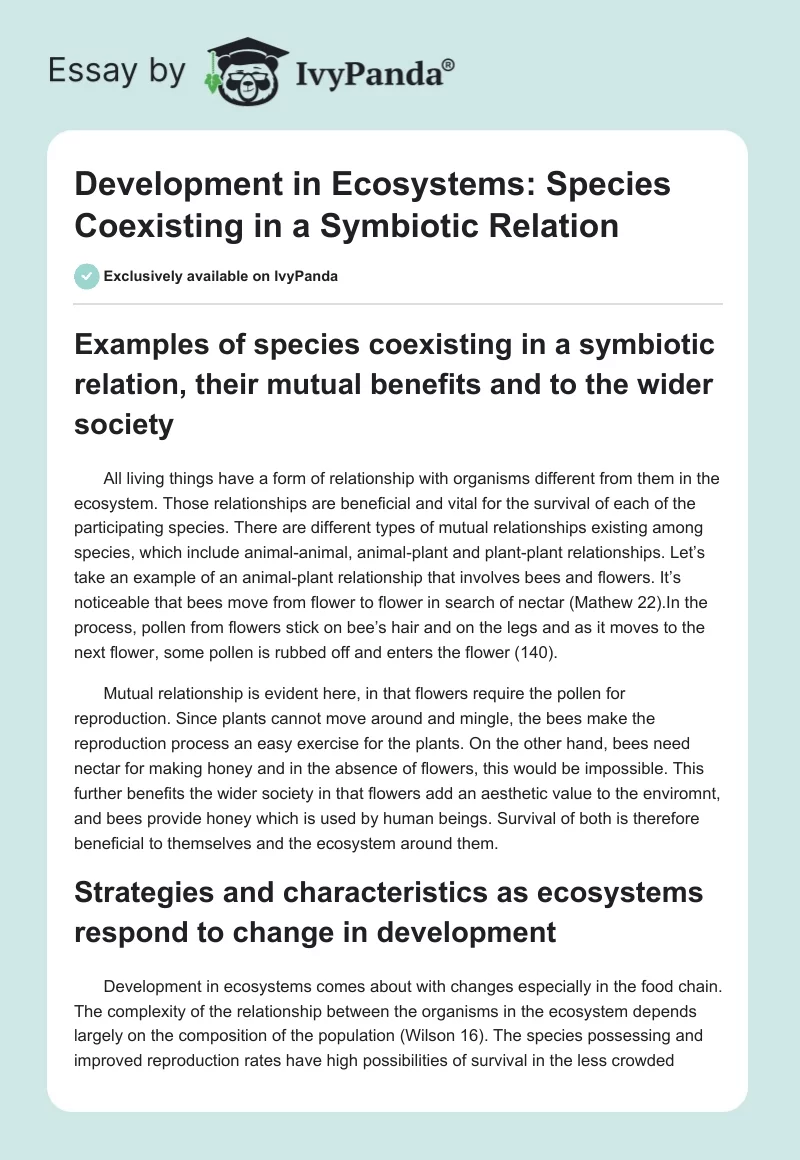 Development in Ecosystems: Species Coexisting in a Symbiotic Relation. Page 1