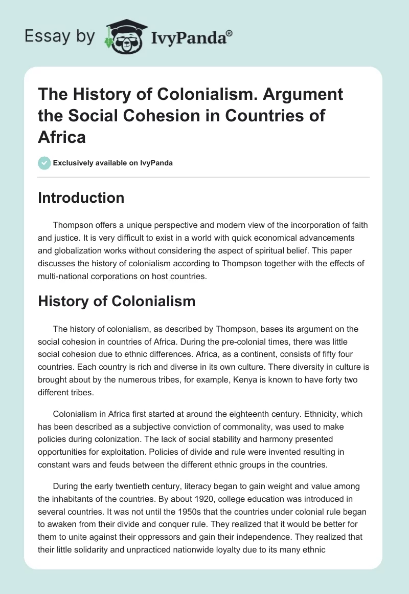 The History of Colonialism. Argument the Social Cohesion in Countries of Africa. Page 1