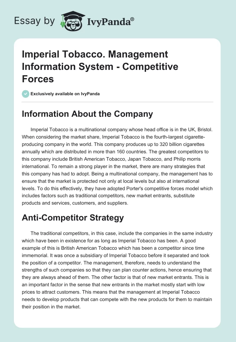 Imperial Tobacco. Management Information System - Competitive Forces. Page 1
