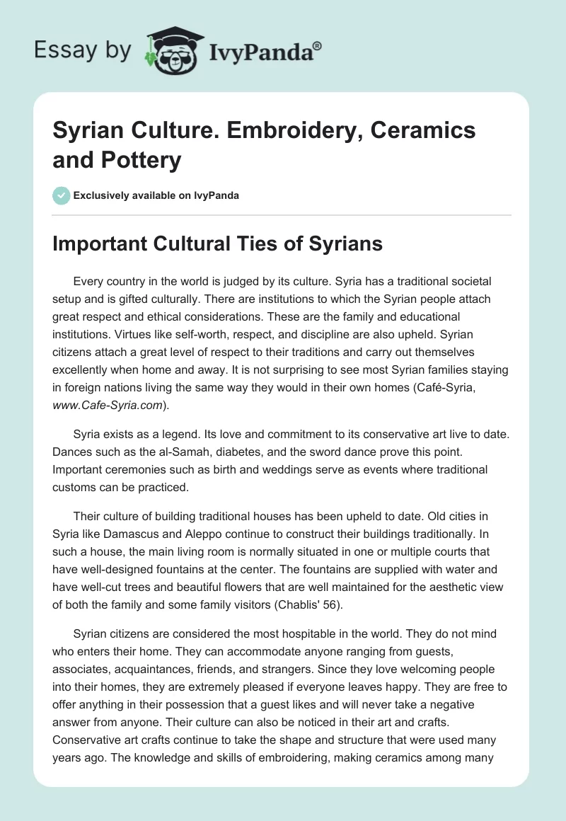 Syrian Culture. Embroidery, Ceramics and Pottery. Page 1