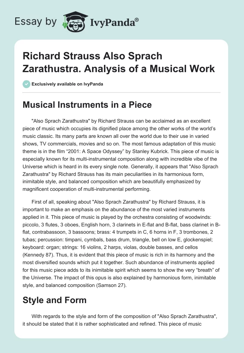 Richard Strauss "Also Sprach Zarathustra". Analysis of a Musical Work. Page 1