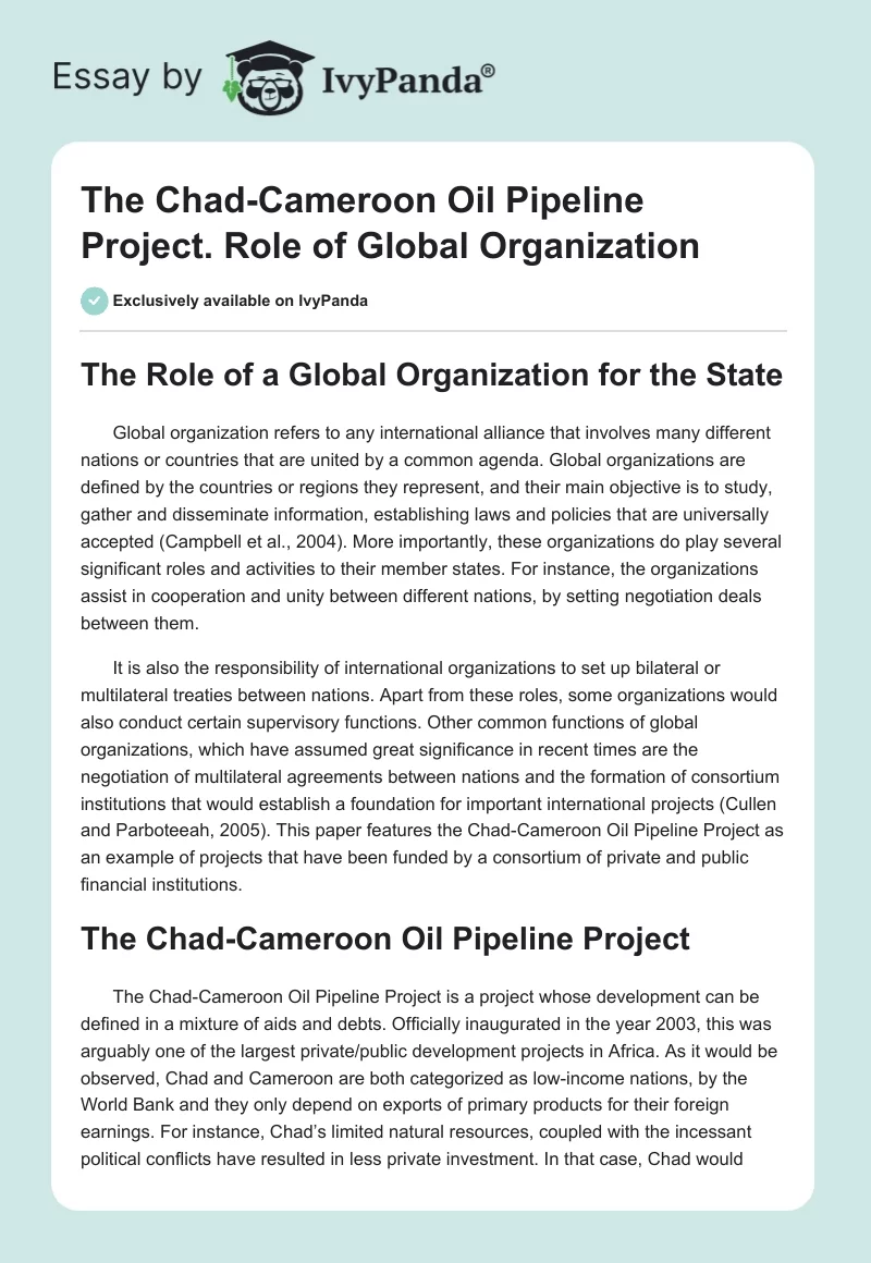 The Chad-Cameroon Oil Pipeline Project. Role of Global Organization. Page 1