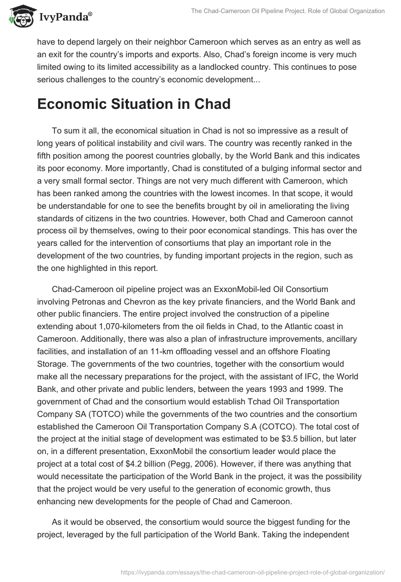 The Chad-Cameroon Oil Pipeline Project. Role of Global Organization. Page 2