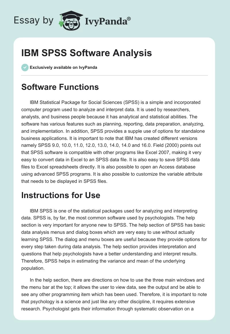 IBM SPSS Software Analysis. Page 1