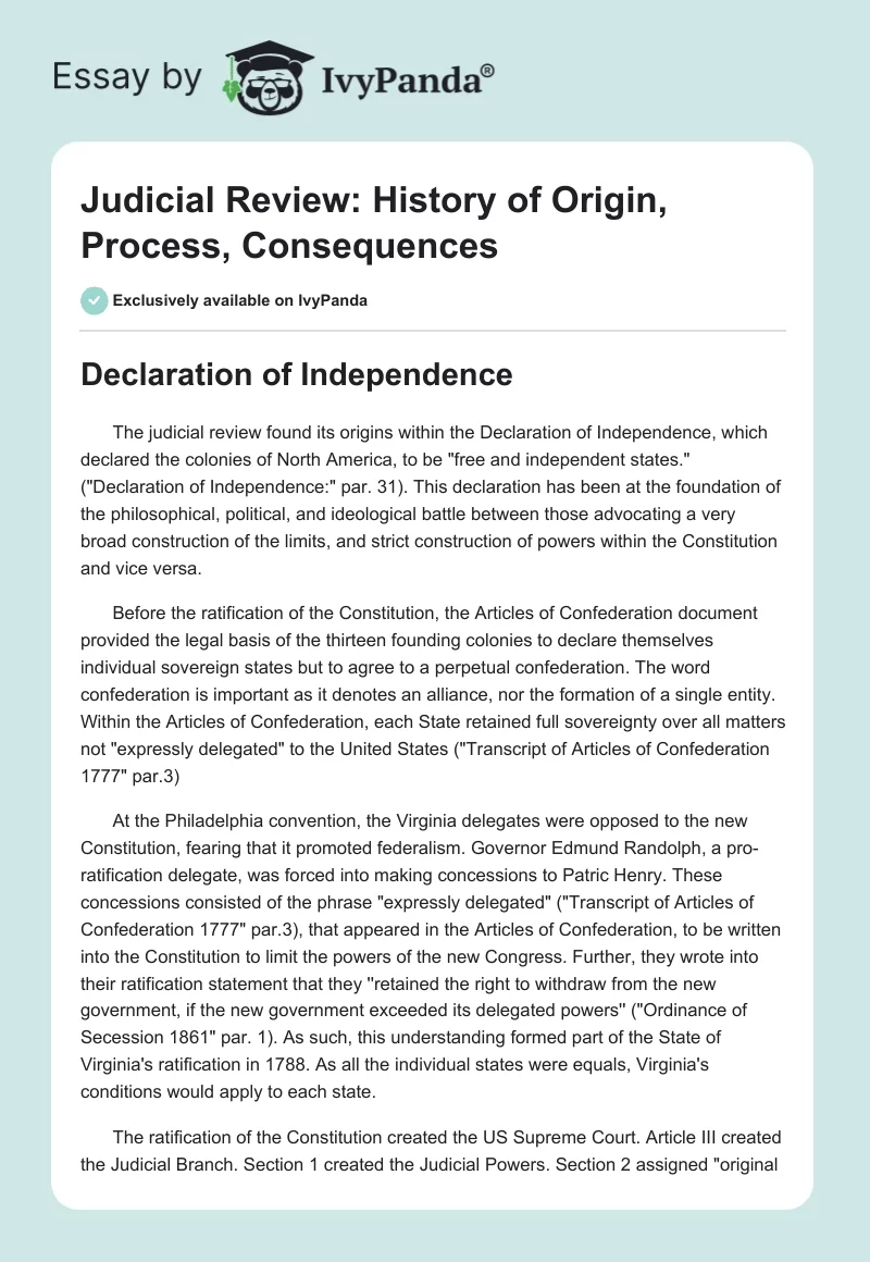 Judicial Review: History of Origin, Process, Consequences. Page 1