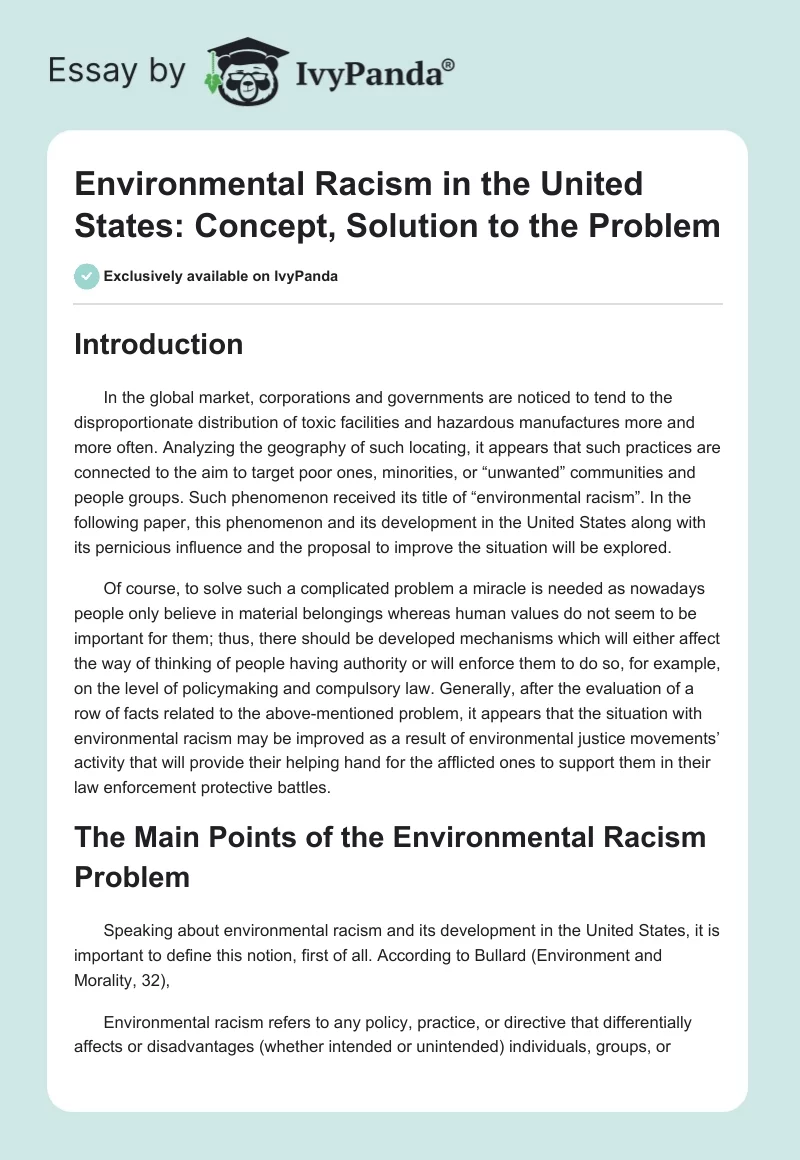 Environmental Racism in the United States: Concept, Solution to the Problem. Page 1