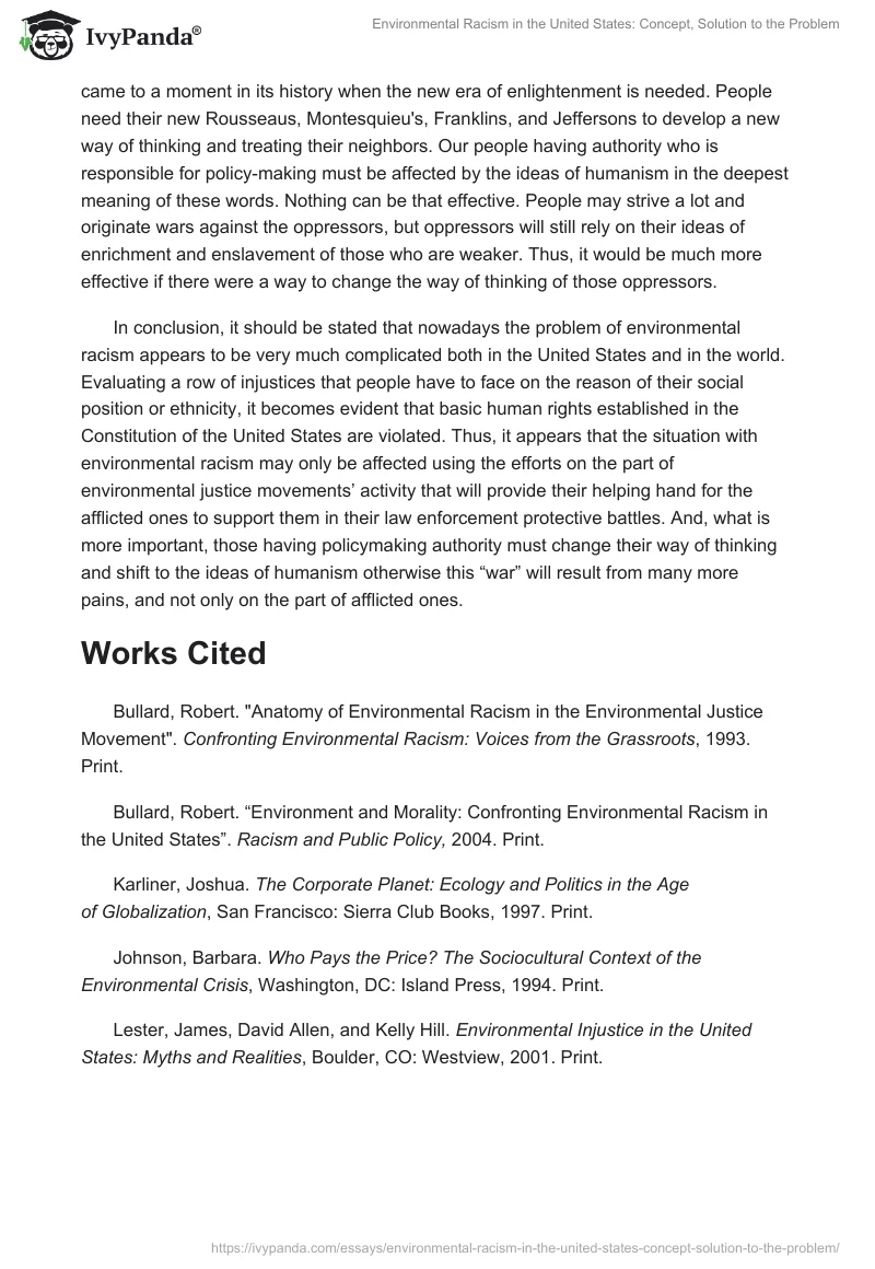 Environmental Racism in the United States: Concept, Solution to the Problem. Page 4