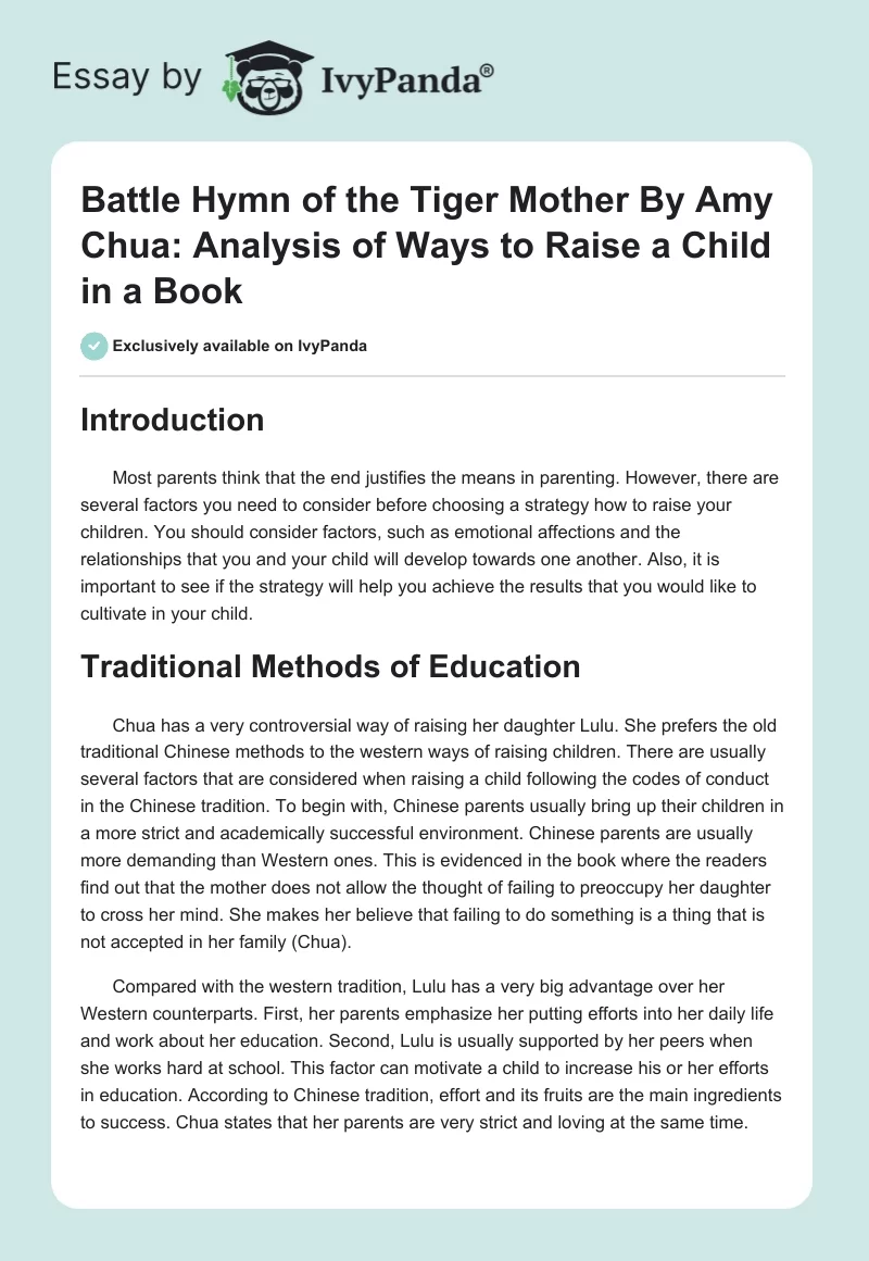 Battle Hymn of the Tiger Mother By Amy Chua: Analysis of Ways to Raise a Child in a Book. Page 1