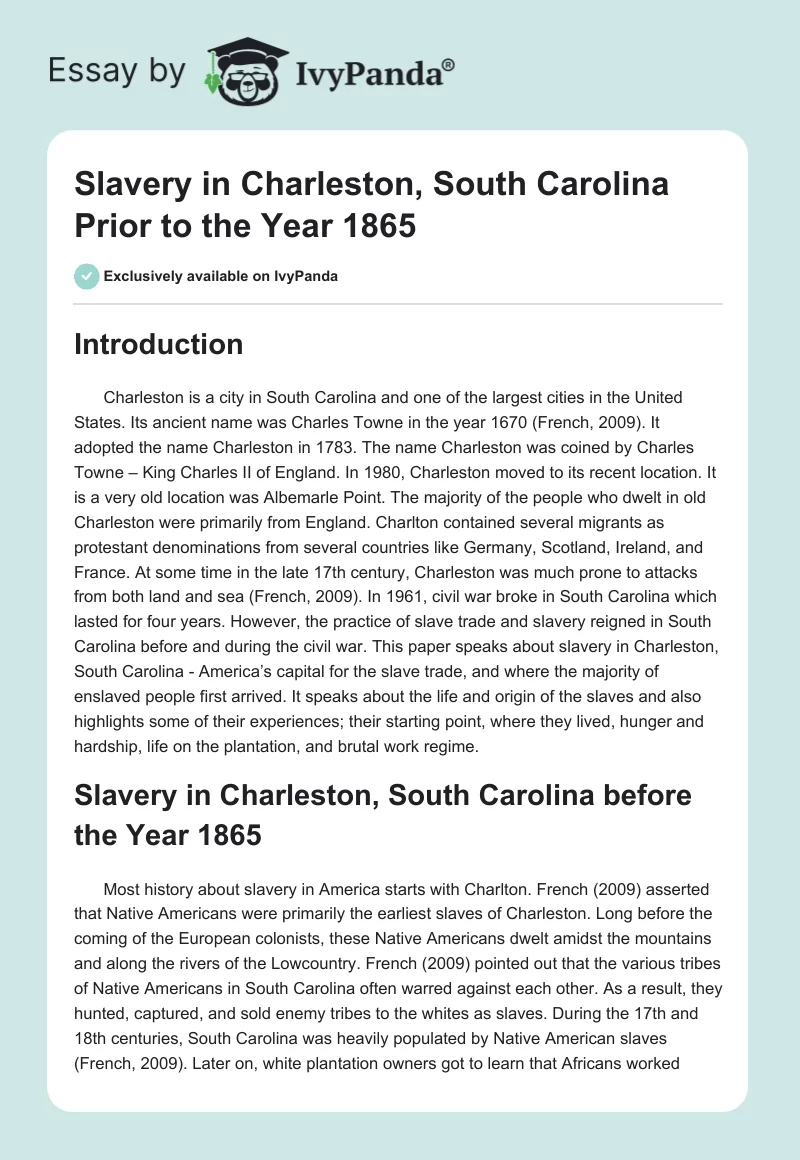 Slavery in Charleston, South Carolina Prior to the Year 1865. Page 1
