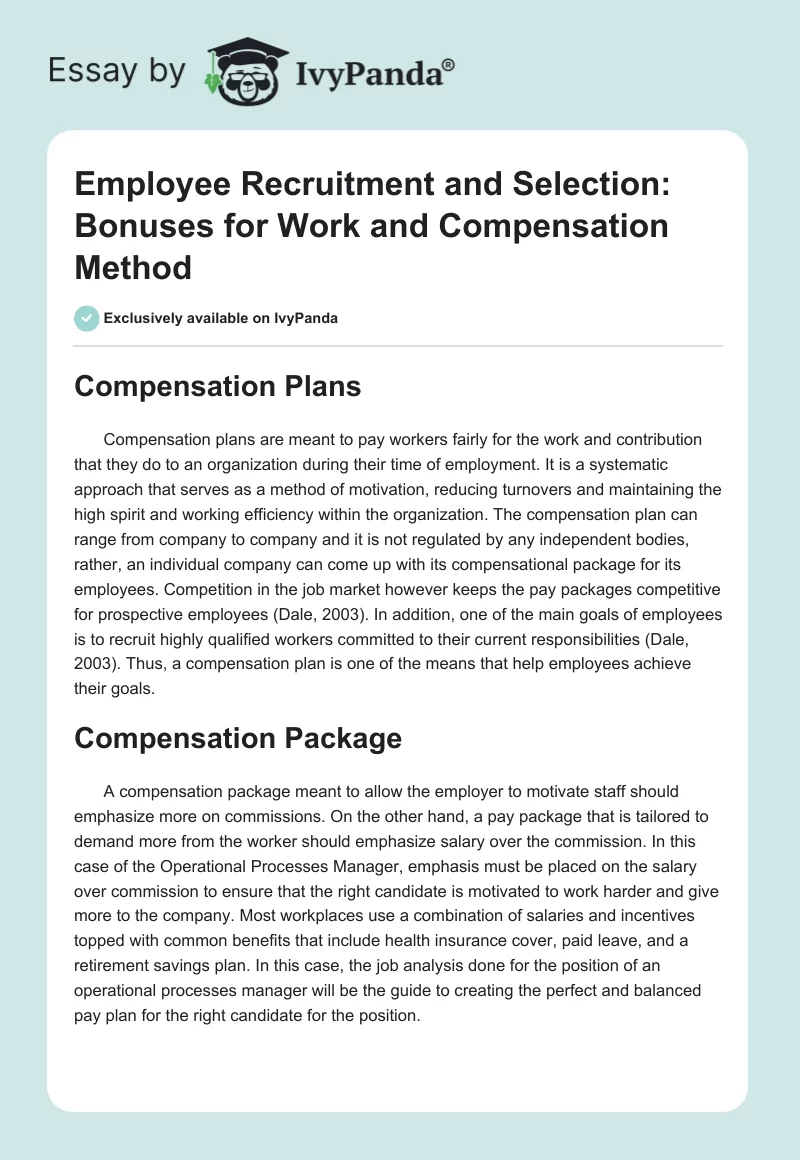 Employee Recruitment and Selection: Bonuses for Work and Compensation Method. Page 1