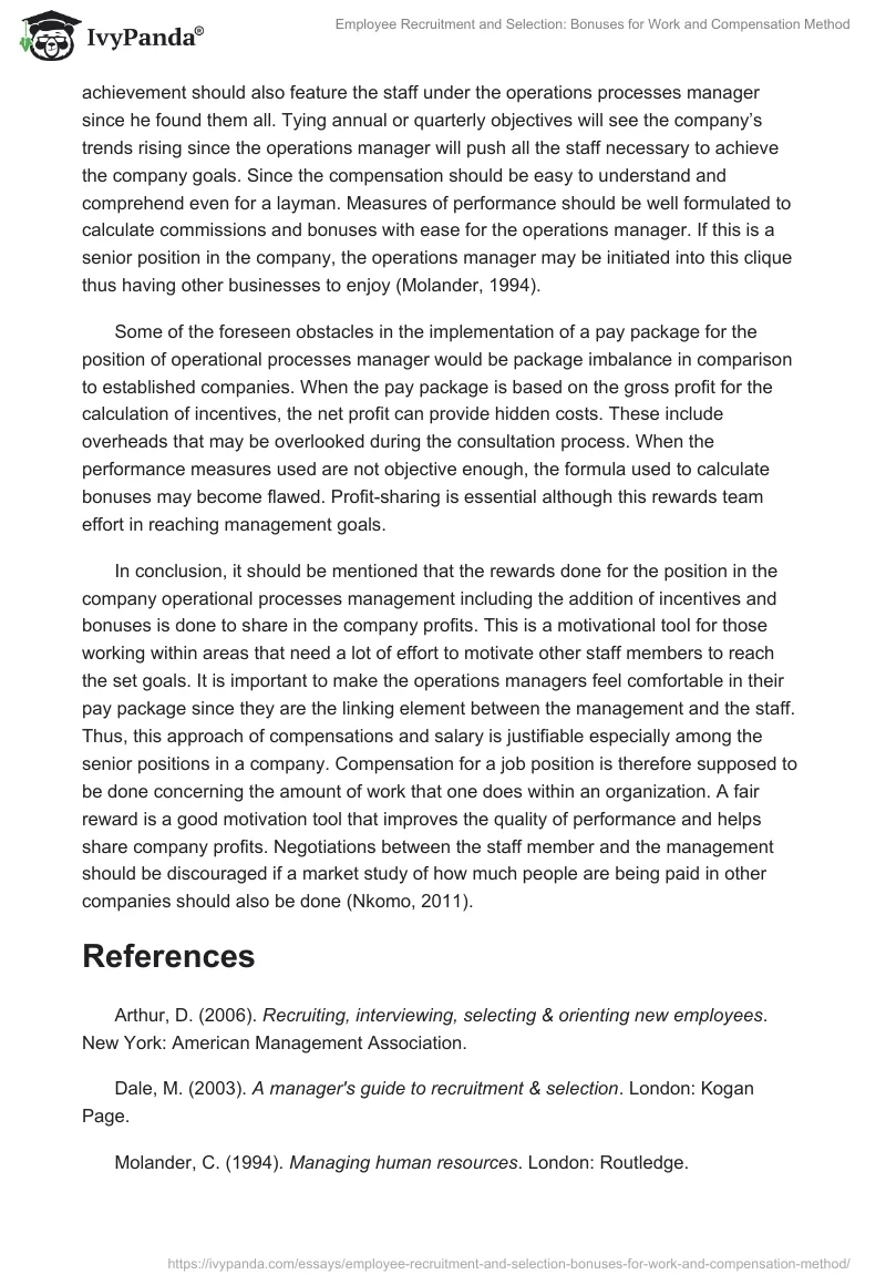 Employee Recruitment and Selection: Bonuses for Work and Compensation Method. Page 3