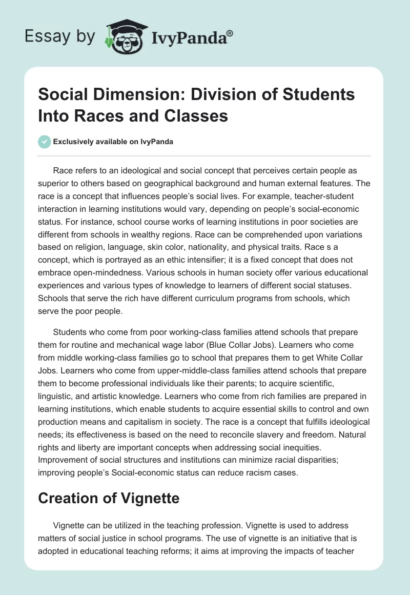 Social Dimension: Division of Students Into Races and Classes. Page 1