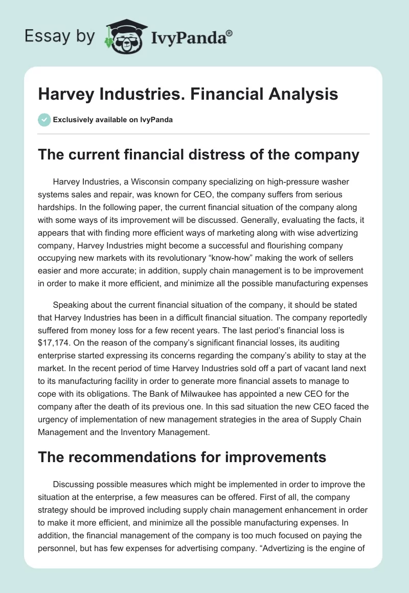 Harvey Industries. Financial Analysis. Page 1