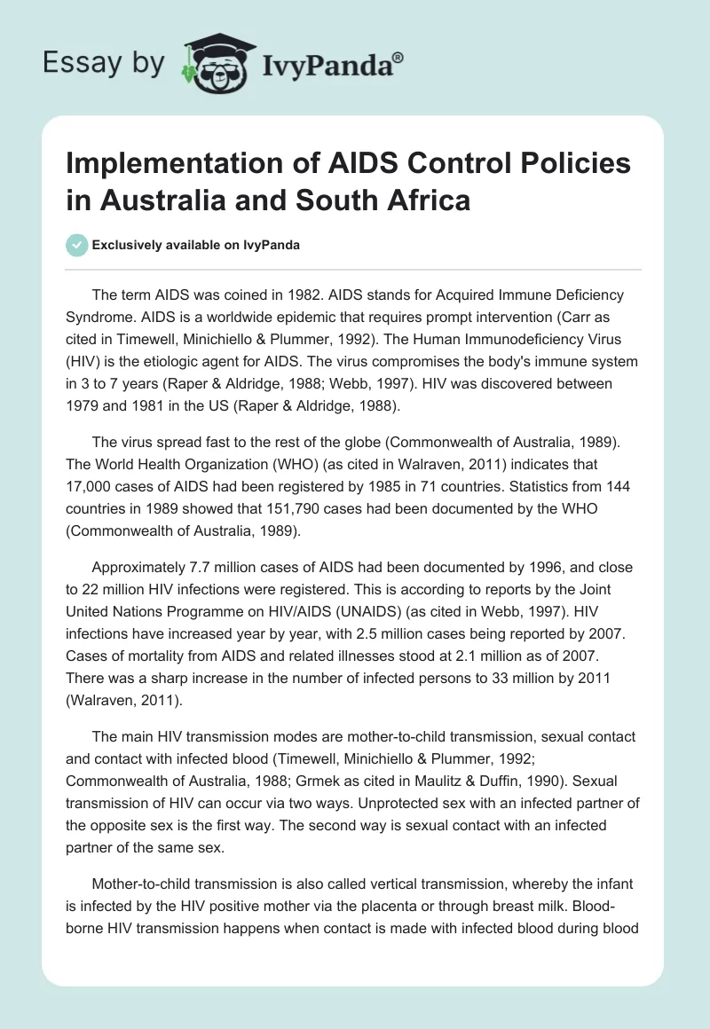 Implementation of AIDS Control Policies in Australia and South Africa. Page 1