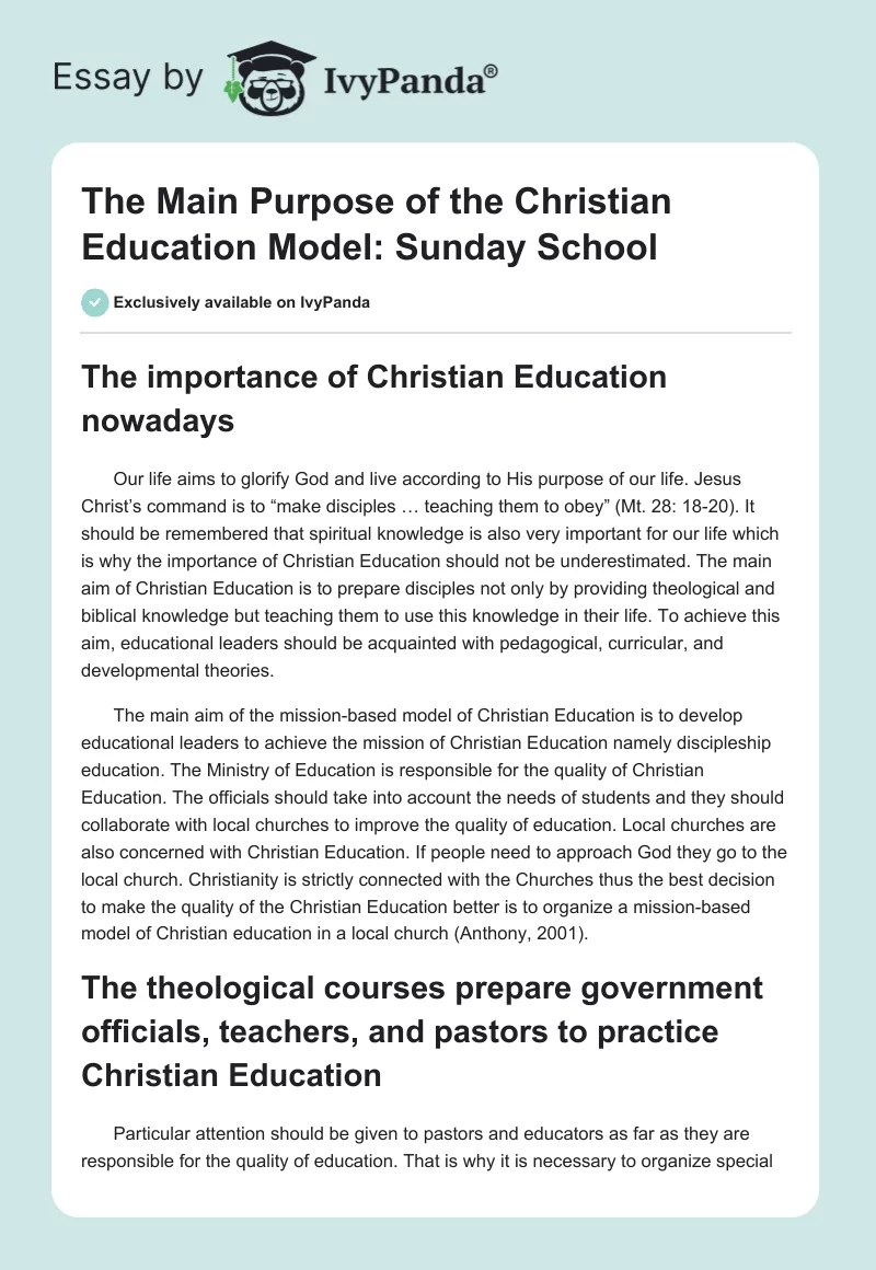 The Main Purpose of the Christian Education Model: Sunday School. Page 1