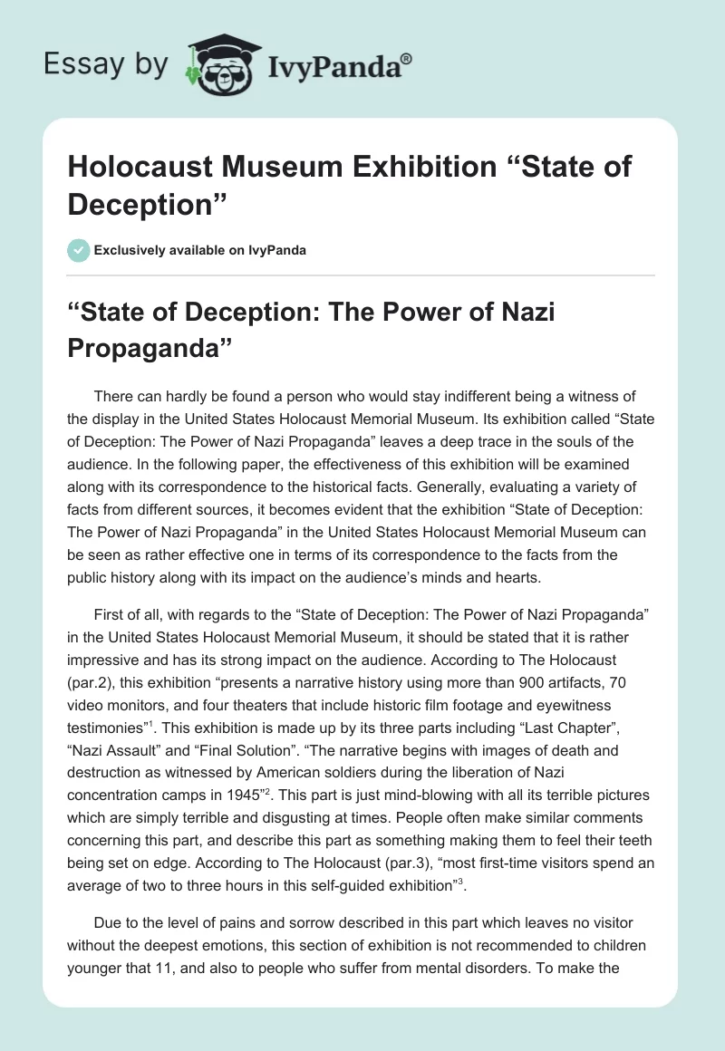 Holocaust Museum Exhibition “State of Deception”. Page 1