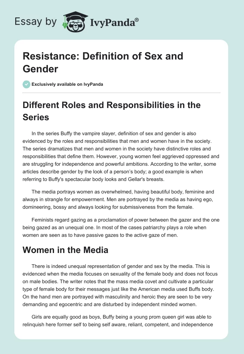 Resistance: Definition of Sex and Gender. Page 1