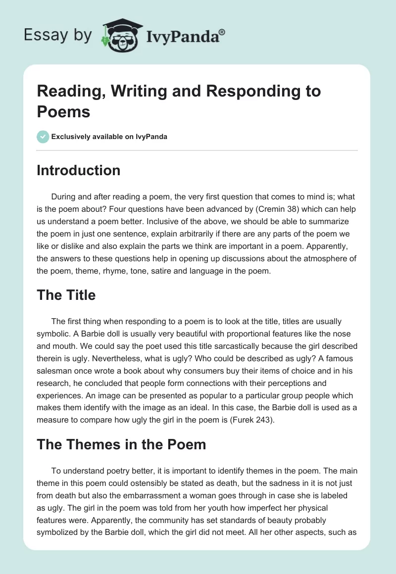 Reading, Writing and Responding to Poems. Page 1