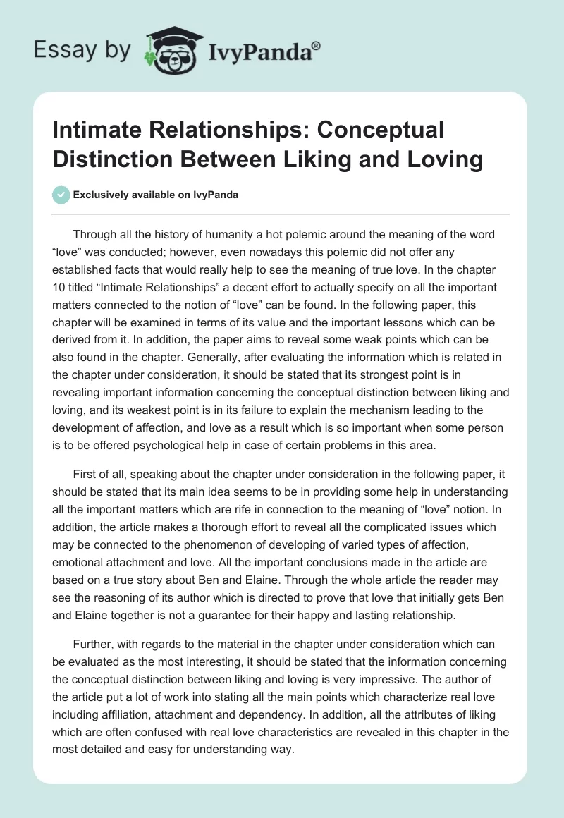 Intimate Relationships: Conceptual Distinction Between Liking and Loving. Page 1