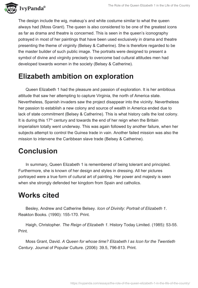 The Role of the Queen Elizabeth 1 in the Life of the Country. Page 2
