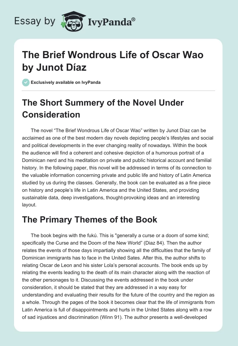 "The Brief Wondrous Life of Oscar Wao" by Junot Díaz. Page 1