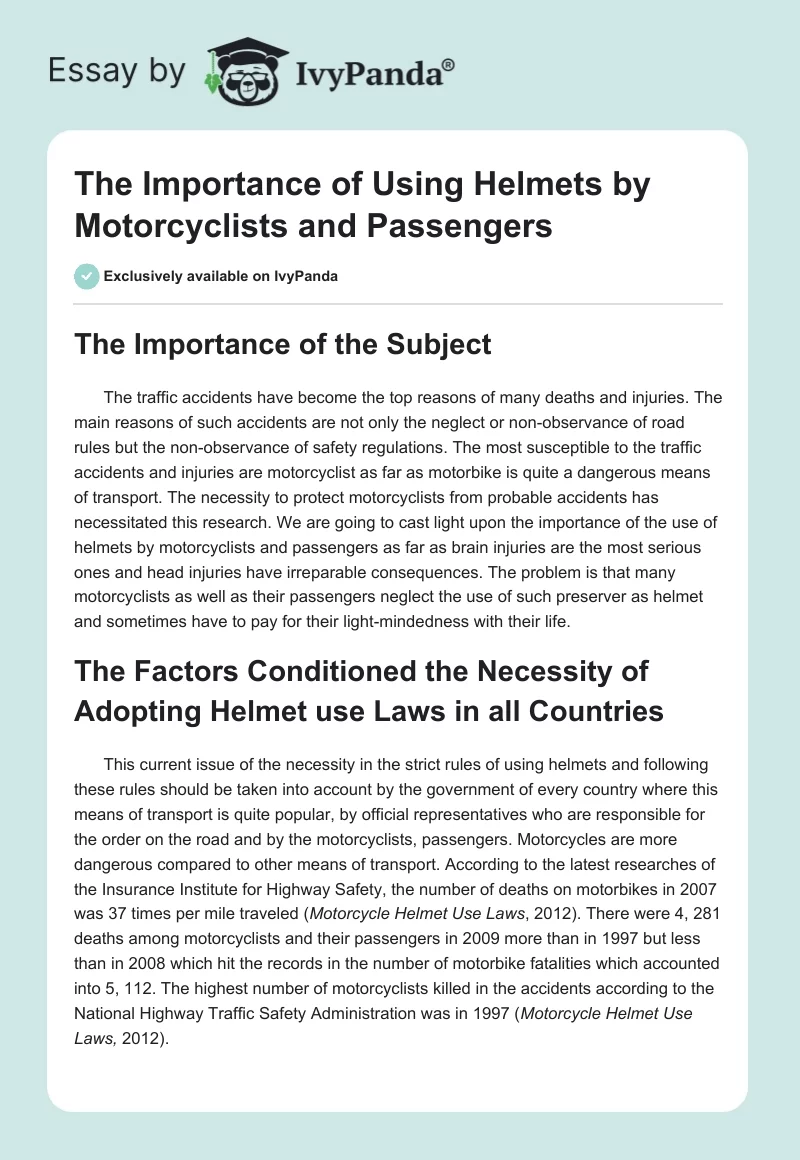 The Importance of Using Helmets by Motorcyclists and Passengers. Page 1